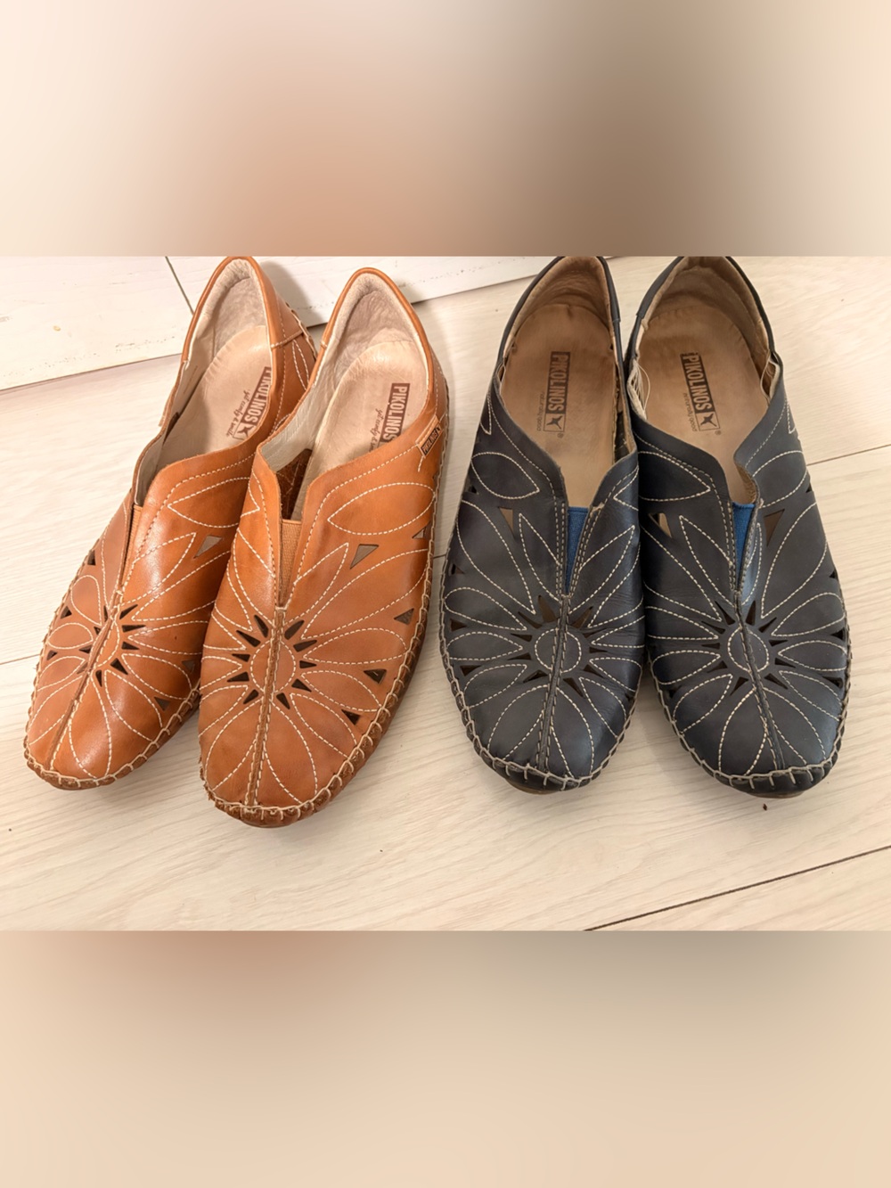 Two pairs size 40 Pikolinos ladies Leather Slip-On Loafers - Tan and Black
